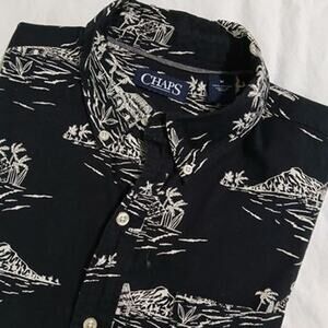 Chaps Medium Black Palm Tree Design Short-Sleeved Button-Up Casual Shirt Cotton